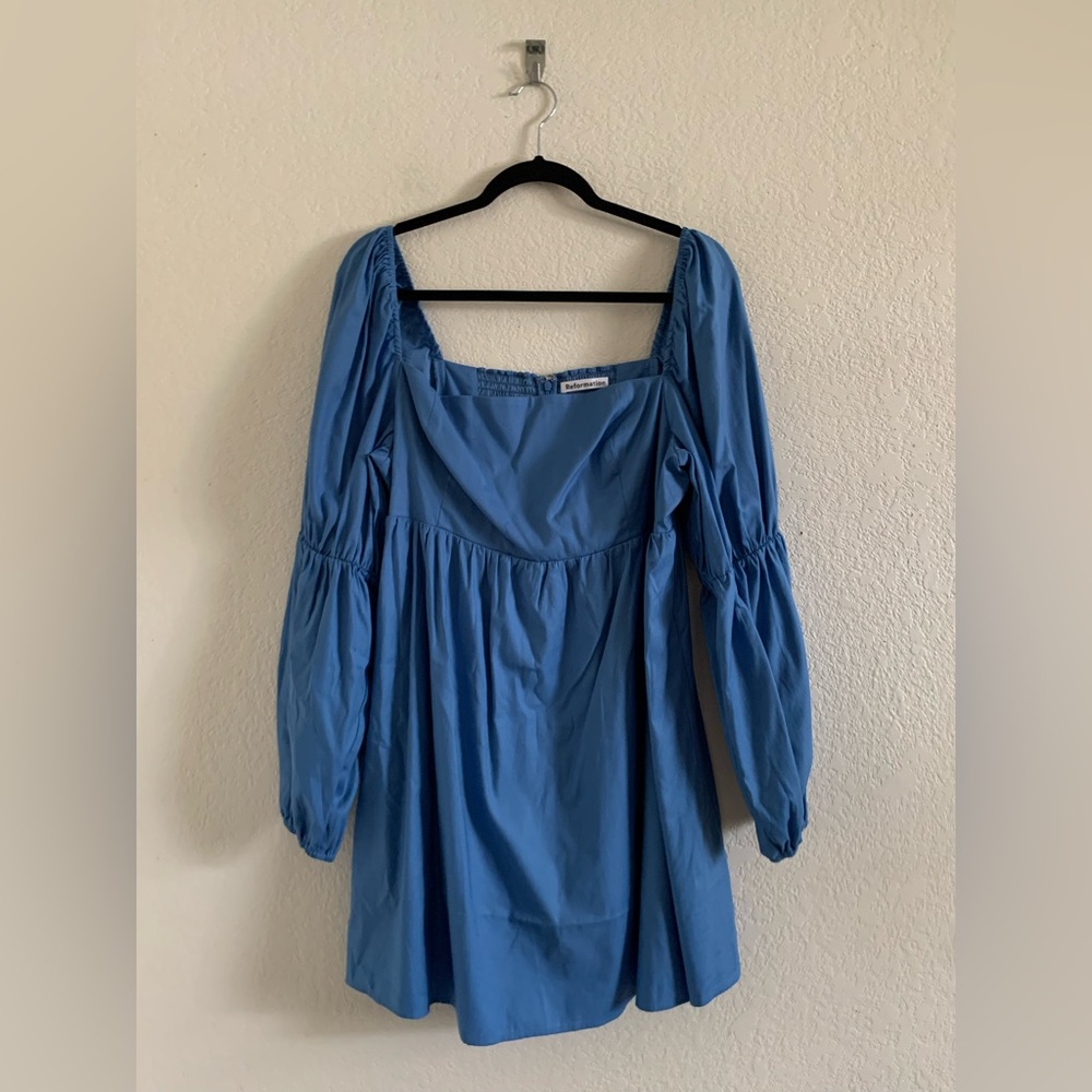 Reformation Michaela Organic Cotton Poplin Square Neck Smocked Mini Dress 14